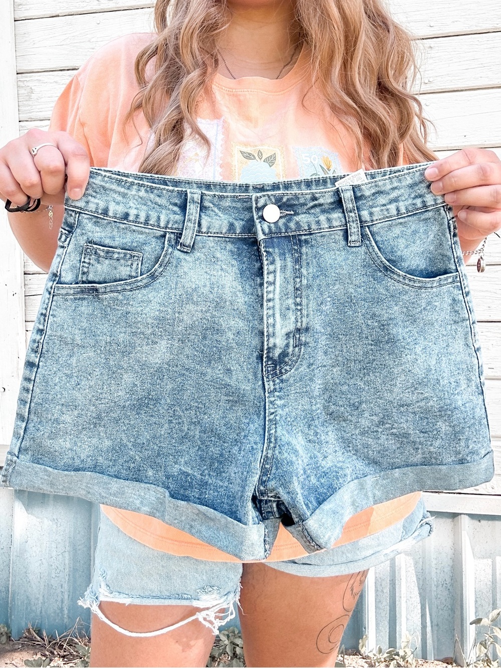 High Waist Acid Wash Denim Shorts - Light Blue